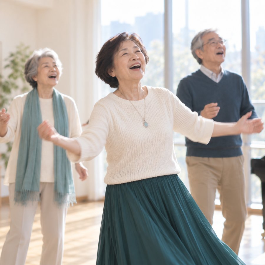 ステップを踏みながら楽しそうに歌う女性